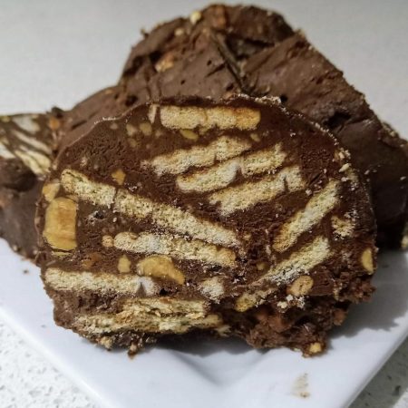 Kormos Chocolate Hazelnut Log Slices on a plate